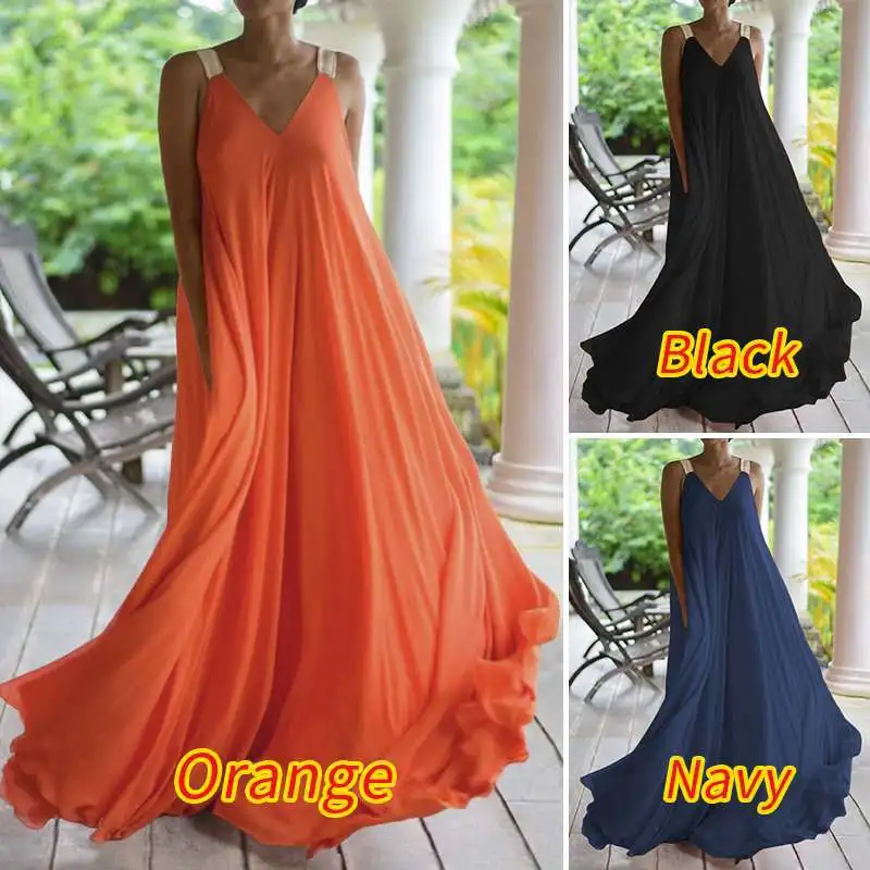 Straped Maxi Dresses Women 2023 New Summer Beach Holiday Solid Orange V-neck Bohemian Suspender Female Long Dress Cover-Ups