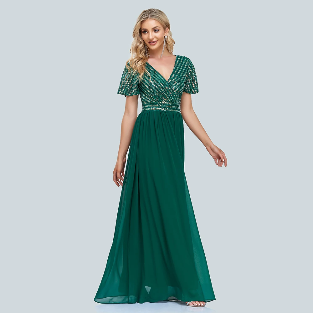 2022 New Women Green Evening Dresses Elegant V-Neck Sequins Chiffon Formal Gown Robe Vestidos De fiesta Dress For Wedding Party |