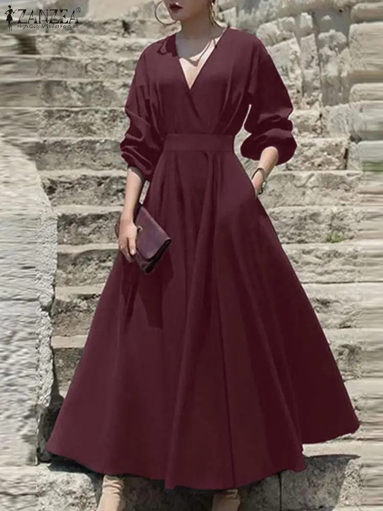 

Осенний Женский стильный Повседневный Сарафан ZANZEA, элегантное платье с длинным рукавом и V-образным вырезом, однотонное платье с поясом, офи...