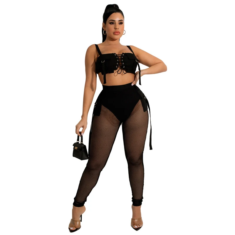 

Two Piece Set Women Eyelet Lace Up Camis Tank Crop Tops Matching Set 2022 Summer New Mesh Splice Sexy Clubwear Pant Suit Outfits