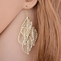 1 pair lady dangle earrings stainless exquisite curled edge hollow out leaf shape hanging earrings female jewelry