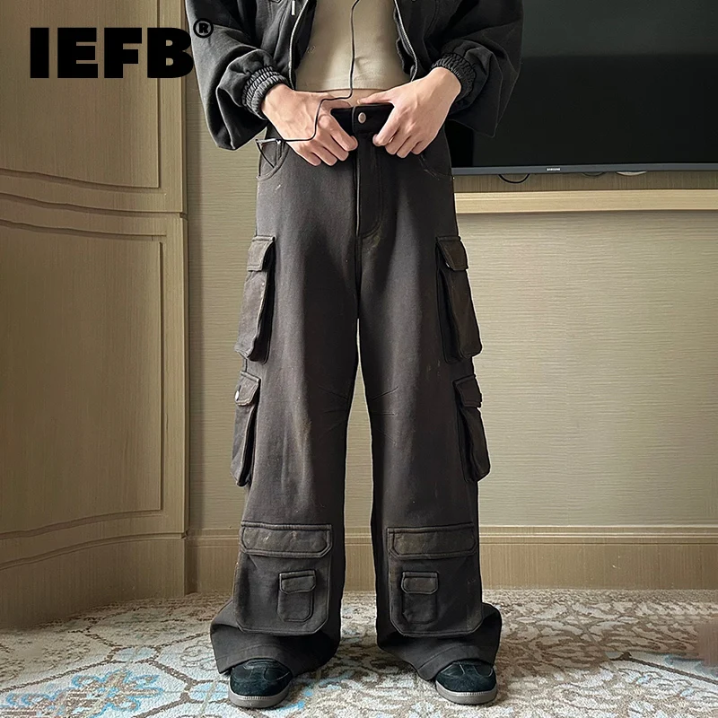 IEFB New Vintage Male Cargo Pants Trendy High Street Multi Pocket Washed Wid-Leg Straight Trousers 2023 Spring Fashion 9A8252