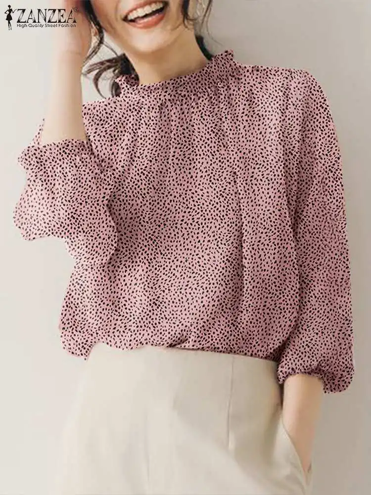 

Женская блузка с леопардовым принтом ZANZEA, модная рубашка с рукавами-фонариками 3/4, осенняя Элегантная туника, повседневные плиссированные топы с воротником-стойкой, 2023
