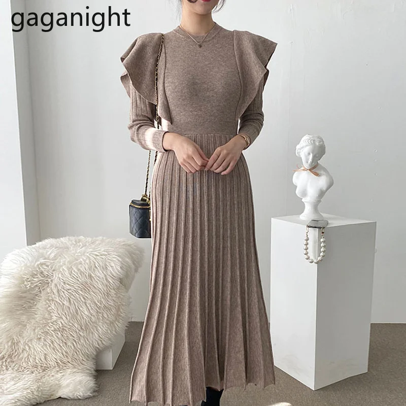 

Gaganight женское элегантное приталенное платье с круглым вырезом и листьями лотоса, новинка 2022, корейское тонкое трикотажное платье в стиле ре...