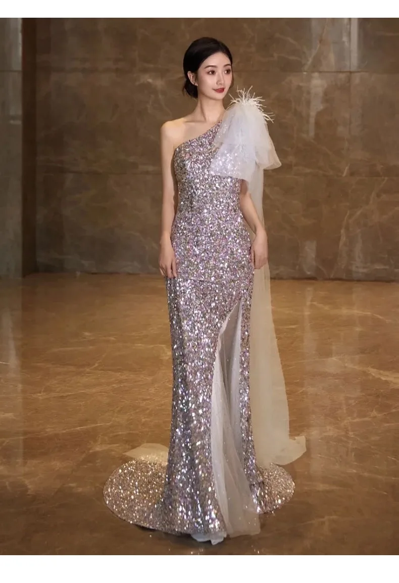 

Shinny Luxury Evening Dresses One Shoulder Backless Floor Length Slim Waist Mermaid Split Clothing Female Party Gowns Summer New