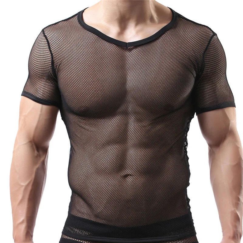 

Sexy Mens Undershirts Underwear Breathable See Through Mesh Short Sleeve Shirt Sport Gym T-shirts Slim Fitness Tops Men Homewear