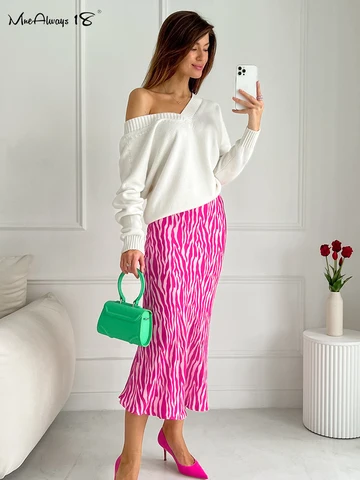 Mnealways18 Elegant Women Zebra Printing Skirts Women Pink High Waist A-Line Skrits Office Ladies Satin Flowing Midi Skirts 2023