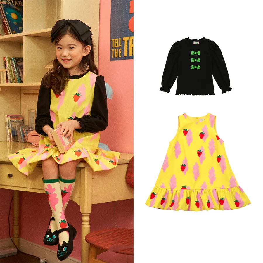 

Girls Dresses 2022 Spring Summer BE1 Strawberry Sleeveless Princess Dress Black Bow Long Sleeve Pullover Girls Children Clothing