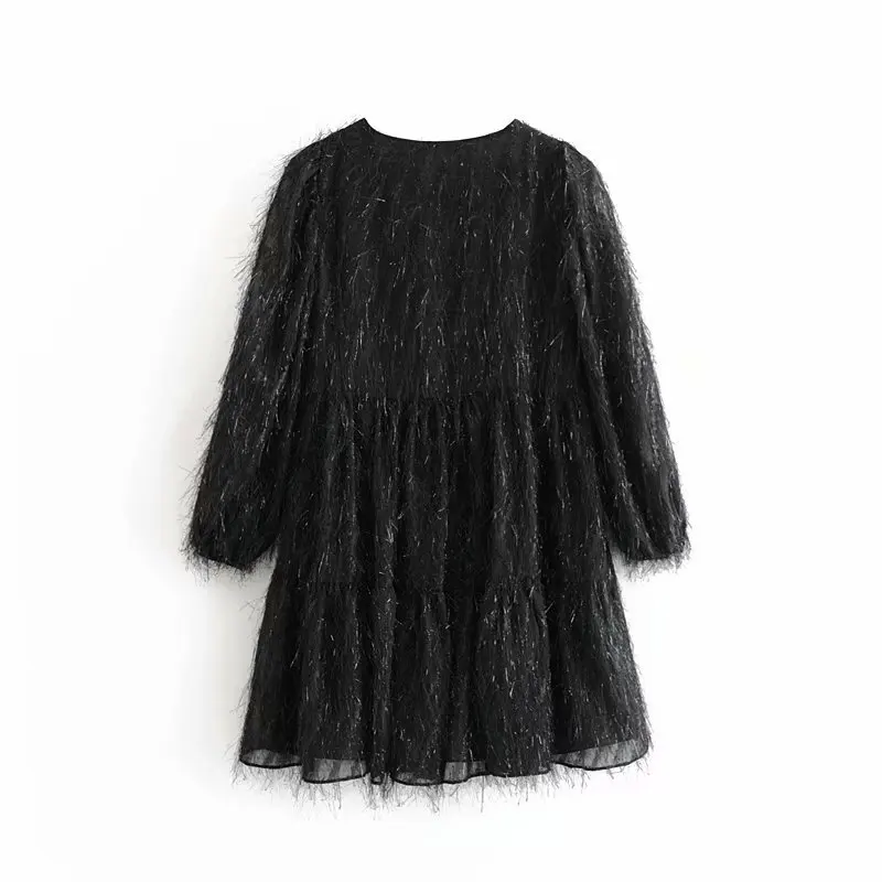

Vintage V Neck Shinning Black Mini Dress Female Fashion Pleat Long Puff Sleeve Chic Tassel Decoration Dress New Women Spring