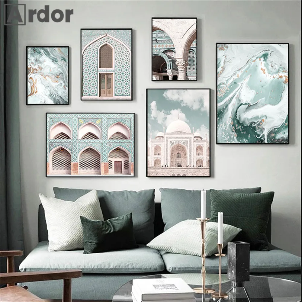 

Mosque Architecture Islamic Canvas Print Morocco Door Poster Green Gold Marble Art Painting Nordic Wall Pictures Home Decoration
