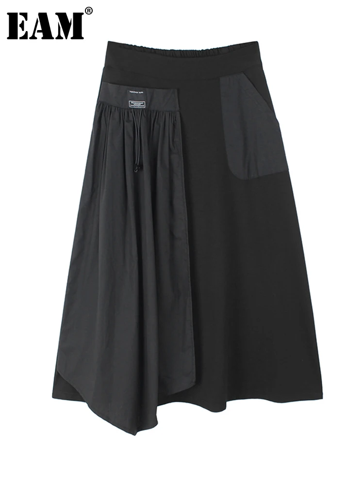

[EAM] High Elastic Waist Black Pleated Irregular Long Casual Half-body Skirt Women Fashion Tide New Spring Autumn 2022 1DE9753