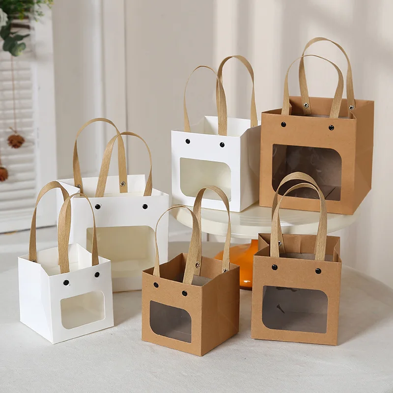 

12pcs Rivet Kraft Paper Folding Package Box Brown White Window Smile Face Square Bottom Bag Handle Window Show Portable Gift Box