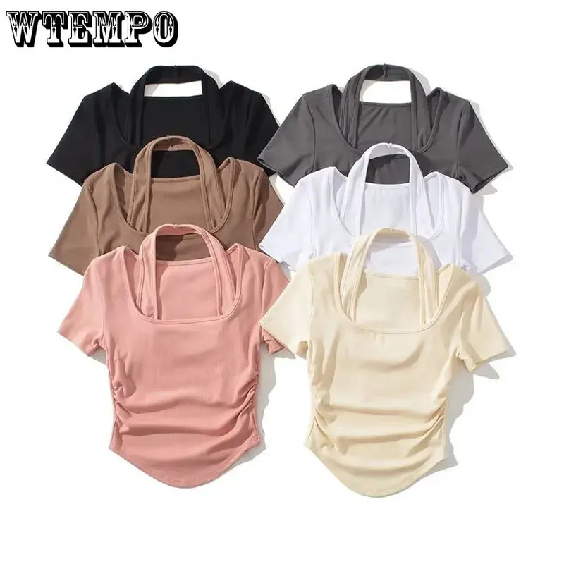 

Fashion Y2K Hanging Neck Short Top Two Fake Women Short Sleeved T-shirts Slim Hotsweet Pure Lust Spicy Girl Korean Fashion