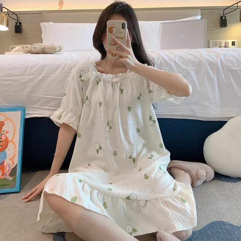 Женская ночная рубашка с квадратным вырезом и бантом летняя тонкая мягкая