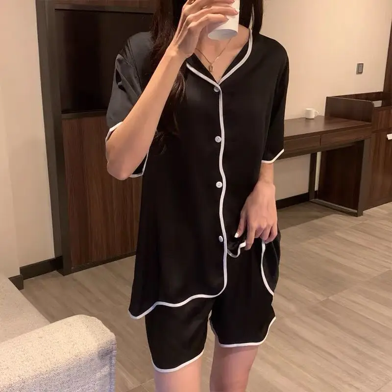Womens Silk Satin Pajamas Set Short Sleeve Two-piece Home Sets Sleepwear Loungewear Comfortable Girl Spring And Summer Pijamas