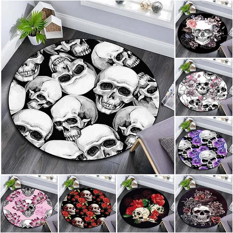 

Carpet Anti-Slip Bedside Rug Living Room Floral Skull Round Carpet Sofa Bedroom Area