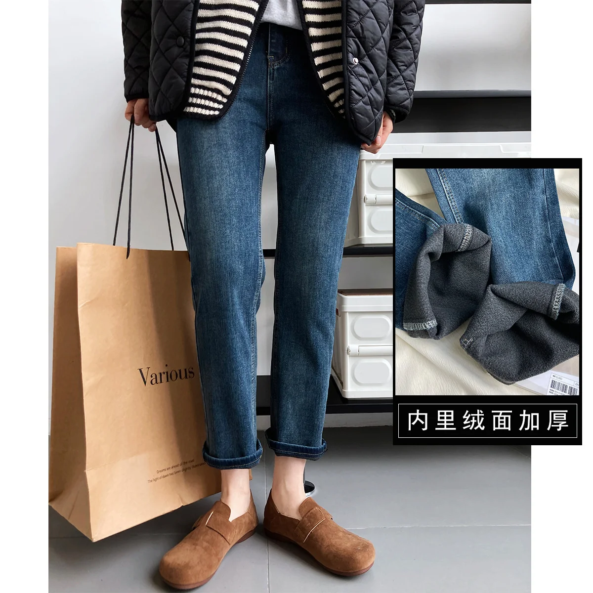 

Женские облегающие зимние Утепленные джинсы на флисовой подкладке с высокой талией и карманами в стиле пэчворк теплые облегающие брюки бот...