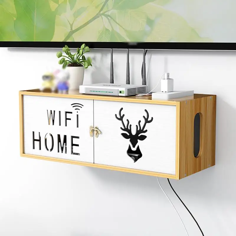 

Punch-free WIFI Wireless Router Storage Box Wall-mounted Socket Set-top Box Rack Wooden TV Cabinet Wall Storage Shelf Box