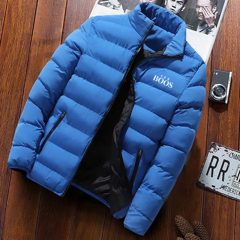 Solid color printed stand collar men's windproof cotton pad down jacket thick men's new warm parka jacket winter casual men's