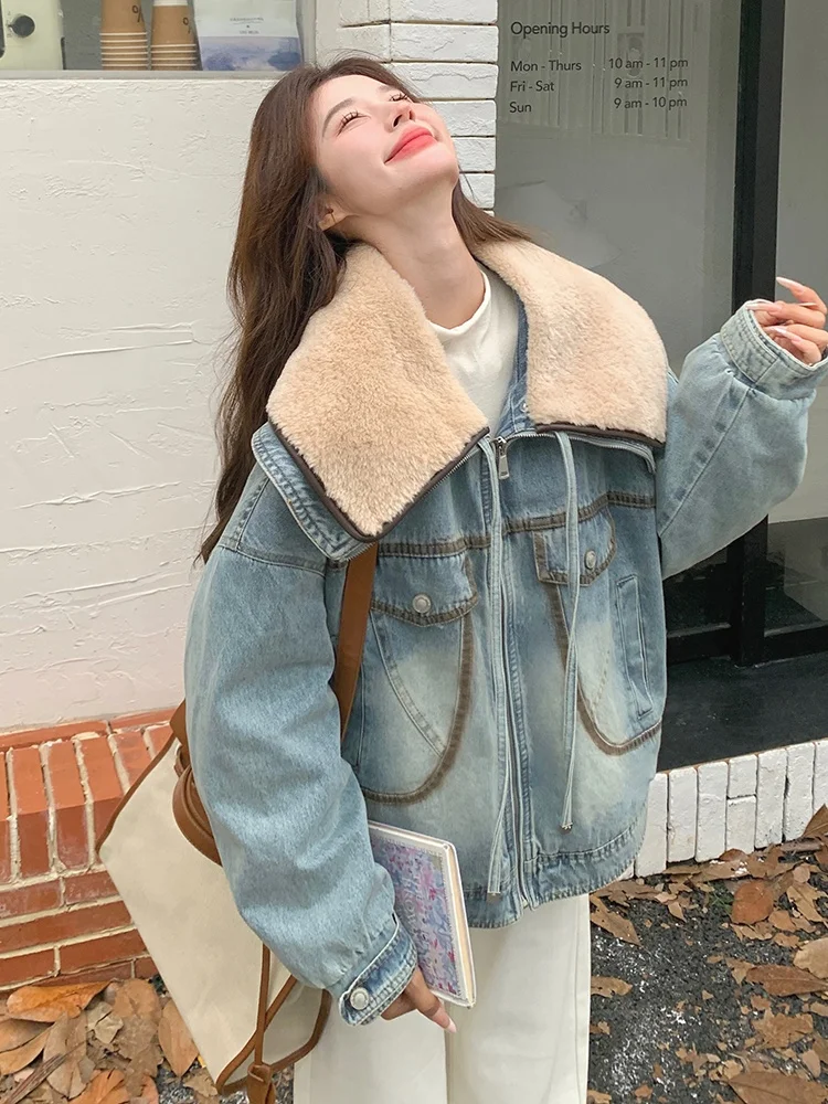 Бархатный джинсовый пуховик из овечьей шерсти с большими лацканами 90 женский