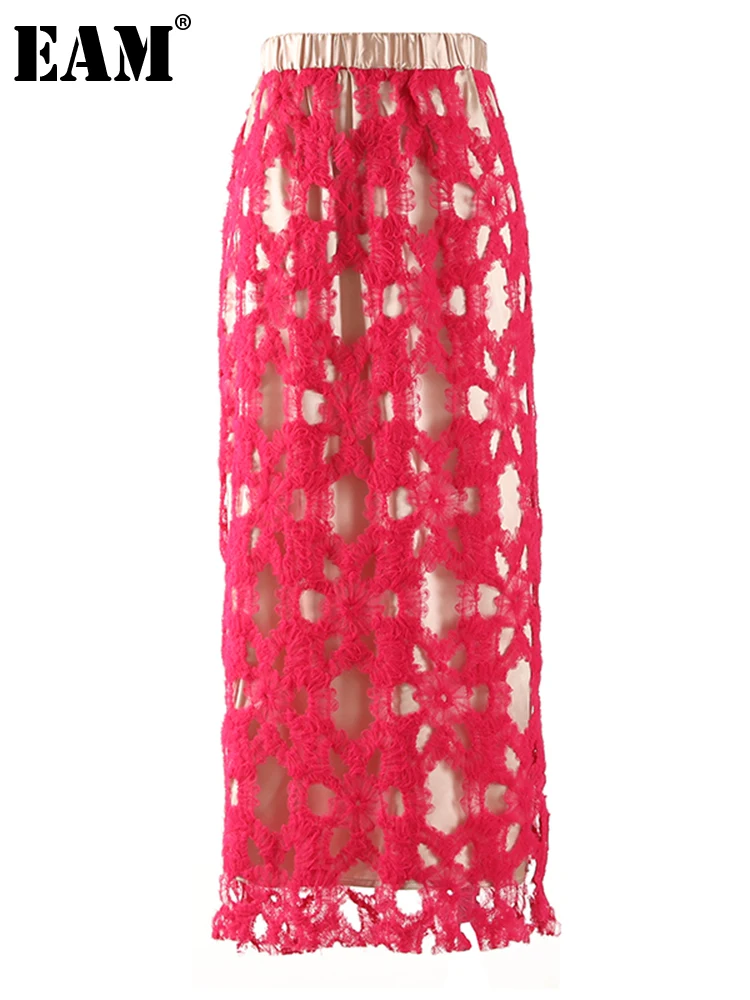 

[EAM] юбка с высокой эластичной резинкой на талии, красная кружевная юбка трапециевидной формы с вырезами, женская мода, новинка, весна-осень ...