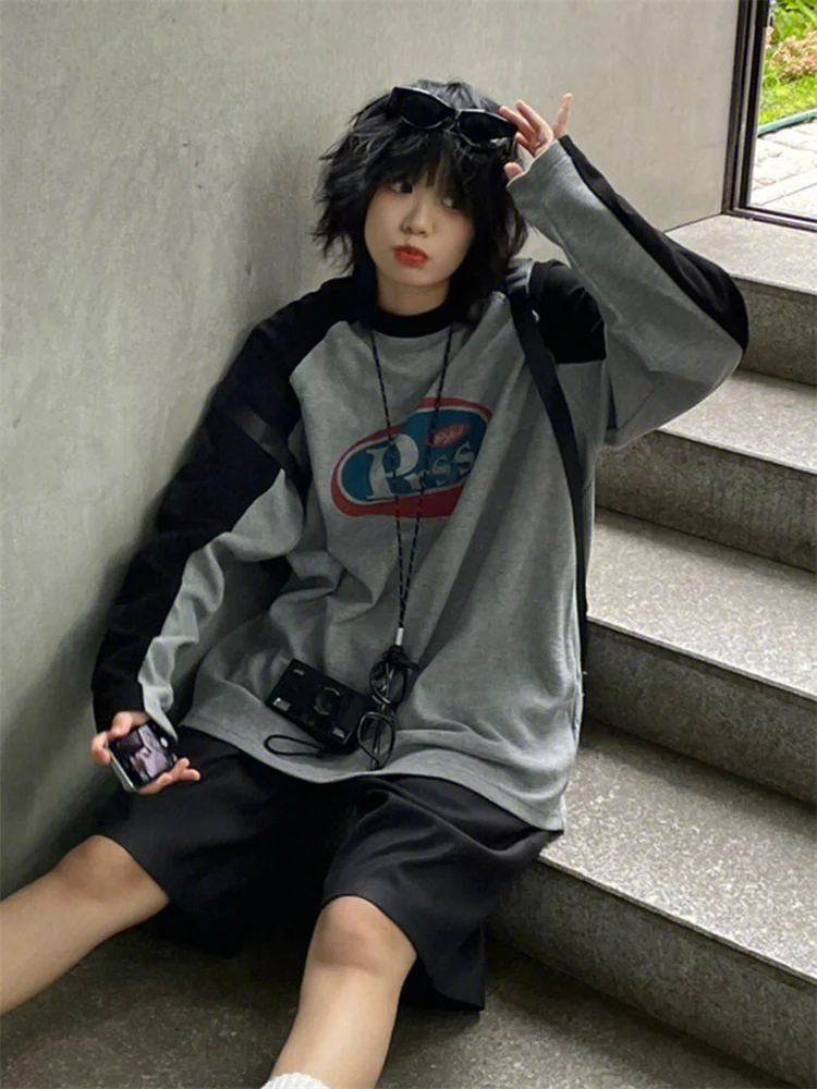 

Streetwear 90s Long Sleeve T Shirt Women Vintage Harajuku Gray Pullover Sweatshirts Oversized Retro Patchwork Print Tees