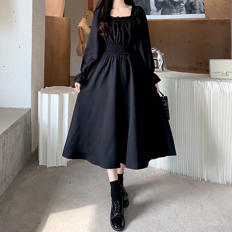 

Vintage Black Dress Women French Elegant Square Collar Long Sleeve Midi Dress 2022 Autumn Ladies Retro Clothes Chic Korean