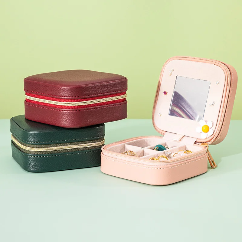 

Double layer jewelry storage box with mirror creative girl heart jewelry storage box travel portable small jewelry box