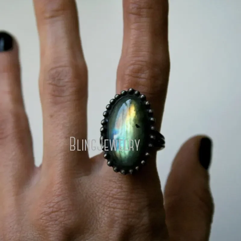 Женское коктейльное кольцо из нержавеющей стали с радужным лабрадоритом и