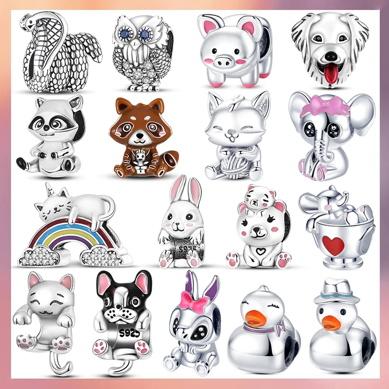 

New 925 Sterling Silver Dog Cat Owl Snake Raccoon Charm Bunny Piggy Bead DIY Original Pandora Bracelet Fashion Jewelry For Women