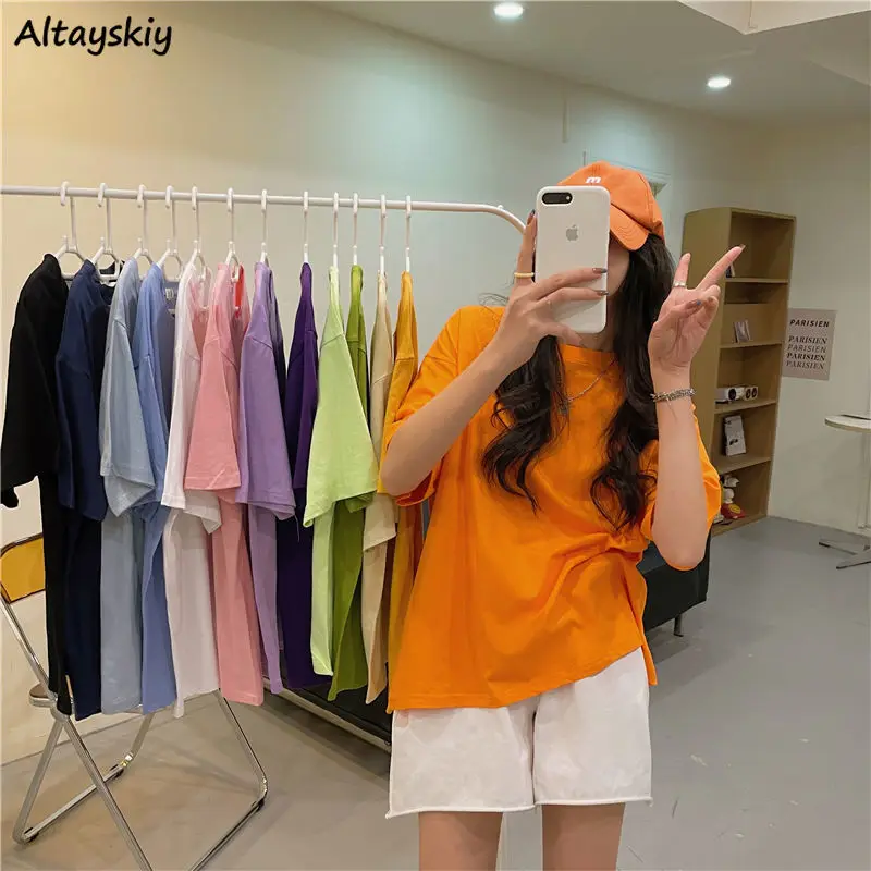 

Women Short Sleeve T-shirts Solid Loose Colorful Casual Tops All-match Students Harajuku Summer Tee Korean Style M-4XL Popular