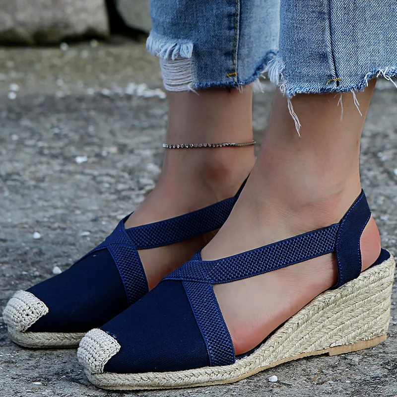 

Newest Women Straw Hemp Rope Sandals Retro Linen Canvas Wedge Round Toe Casual Sandals Singles Shoes Elegant Closed Toe Sandal