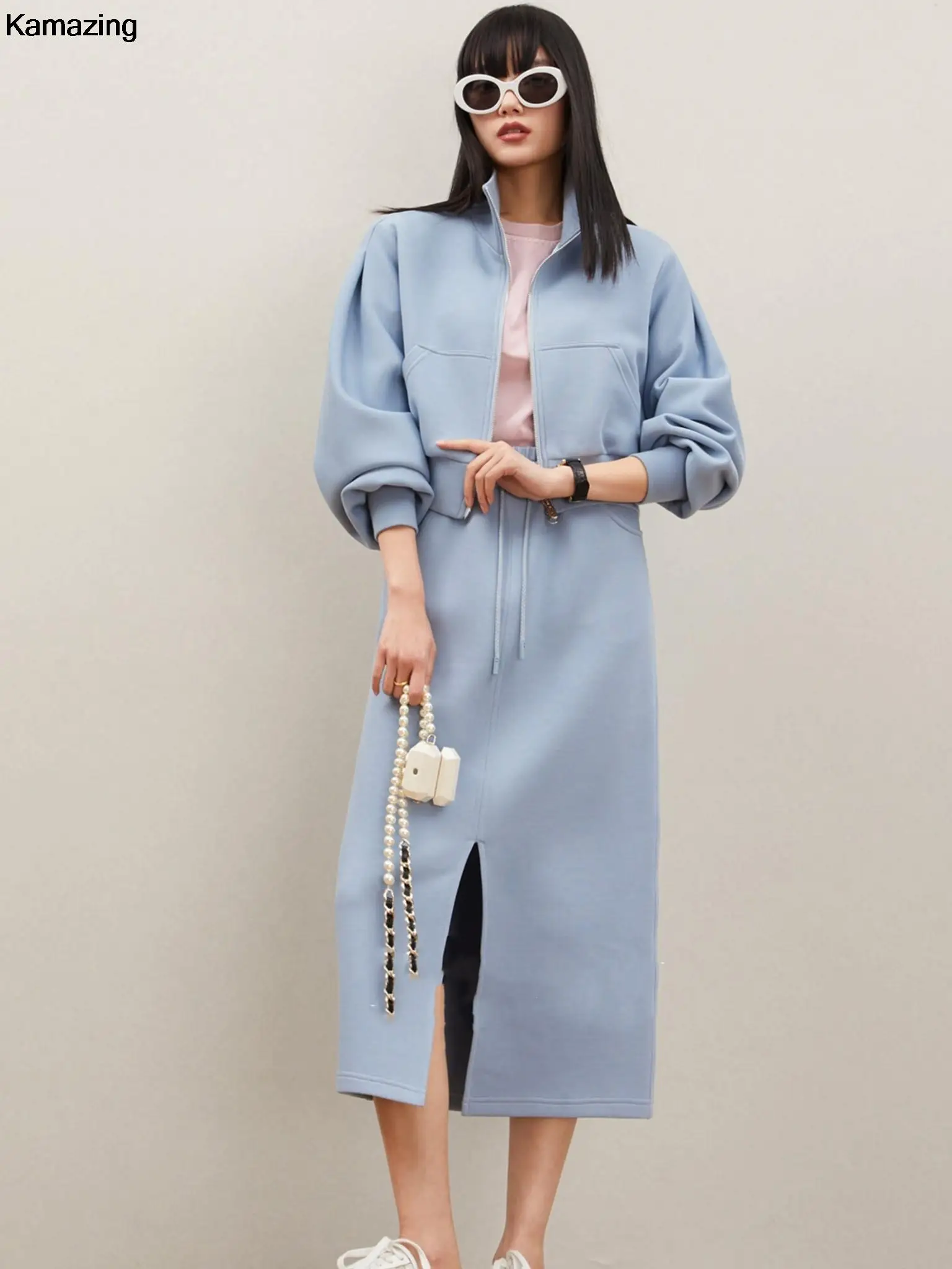 

Женский модный уличная одежда, комплект из двух предметов, осеннее пальто на молнии большого размера, юбка с разрезом на завязках, женский брючный костюм, спортивная одежда