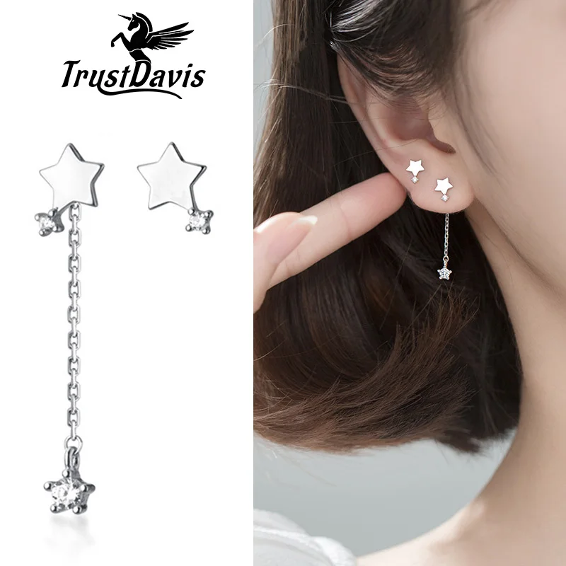 

Trustdavis Real 925 Sterling Silver Fashion Sweet asymmetric Chsin Star CZ Stud Earrings For Women Wedding Party Jewelry DS2701