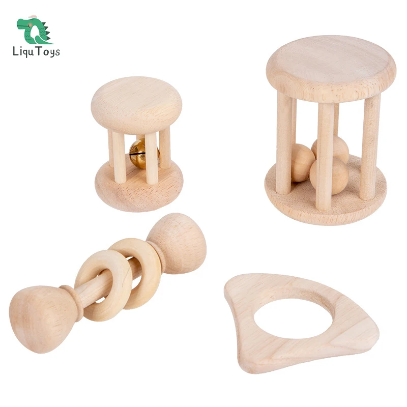 Sonajero de madera Montessori de 4 piezas para bebé, anillo de dentición geométrico, juegos de juguete de agarre de madera Natural