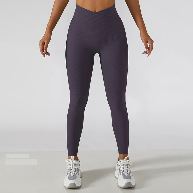 Ribbed Seamless Breathable Cross Yoga Leggings Gym High Waist Sports Leggings Women Elasticity Fitness Running Hip Lift Pants
