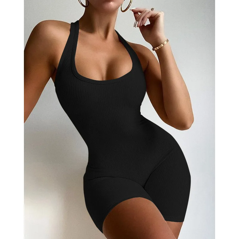 

Women's New Solid Color Sexy Halter Short Sports Jumpsuit Black