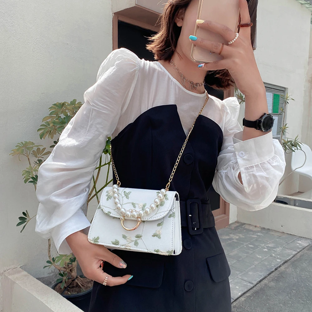 

Fashion Women Net Yarn PU Leather Flower Lace Embroidery Shoulder Crossbody Messenger Bag Casual Ladies Pearl Chain Mini Flap Ha