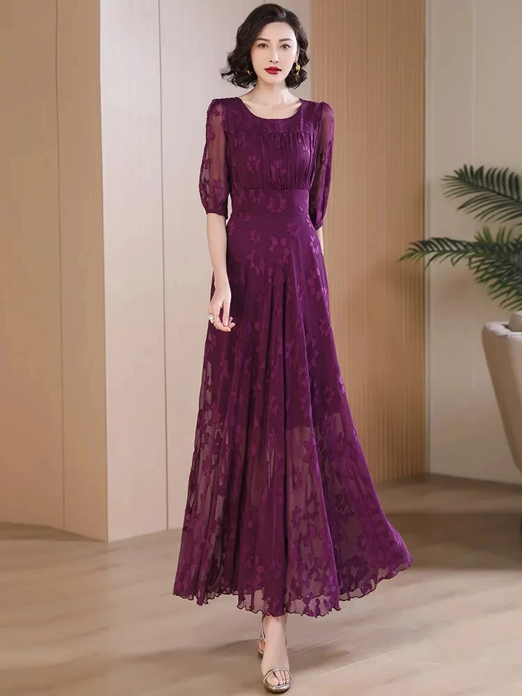 

This Year's Trend Purple High-end Jacquard Dresses Long Women's 2023 Summer New Elegant and Slim Large Swing Long Dresses Female