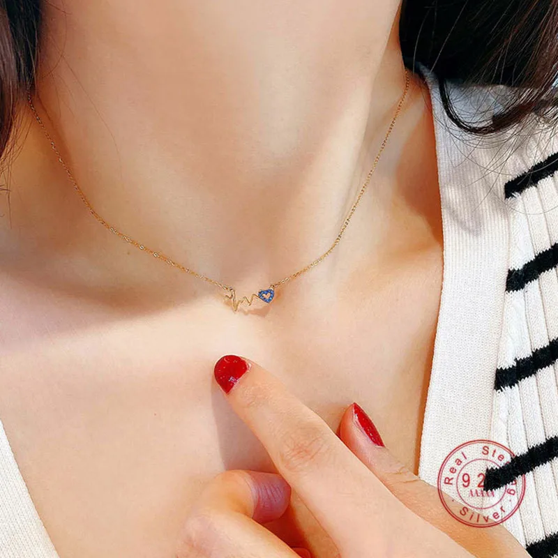

HI MAN 925 Sterling Silver Simple Pavé Zircon Heart Wave Pendant Necklace Women Romantic Engagement Jewelry Accessories