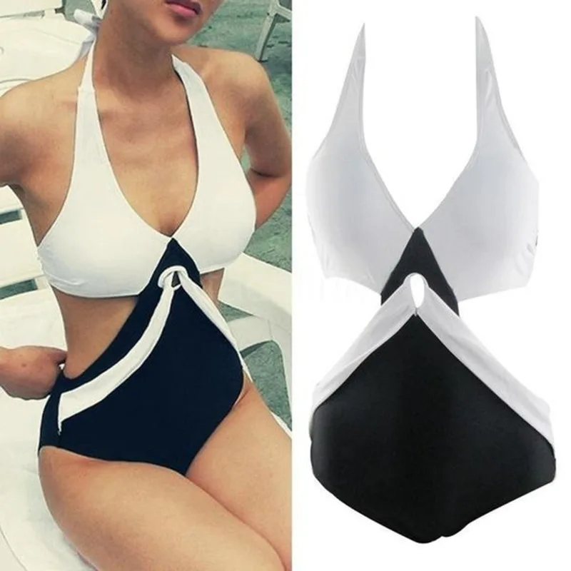 

Sexy Bikini Brazilian 2023 Swimwear Women Halter Biquini V-neck Bikini One-piece White Patchwork Swimwear Plus Size L-3XL
