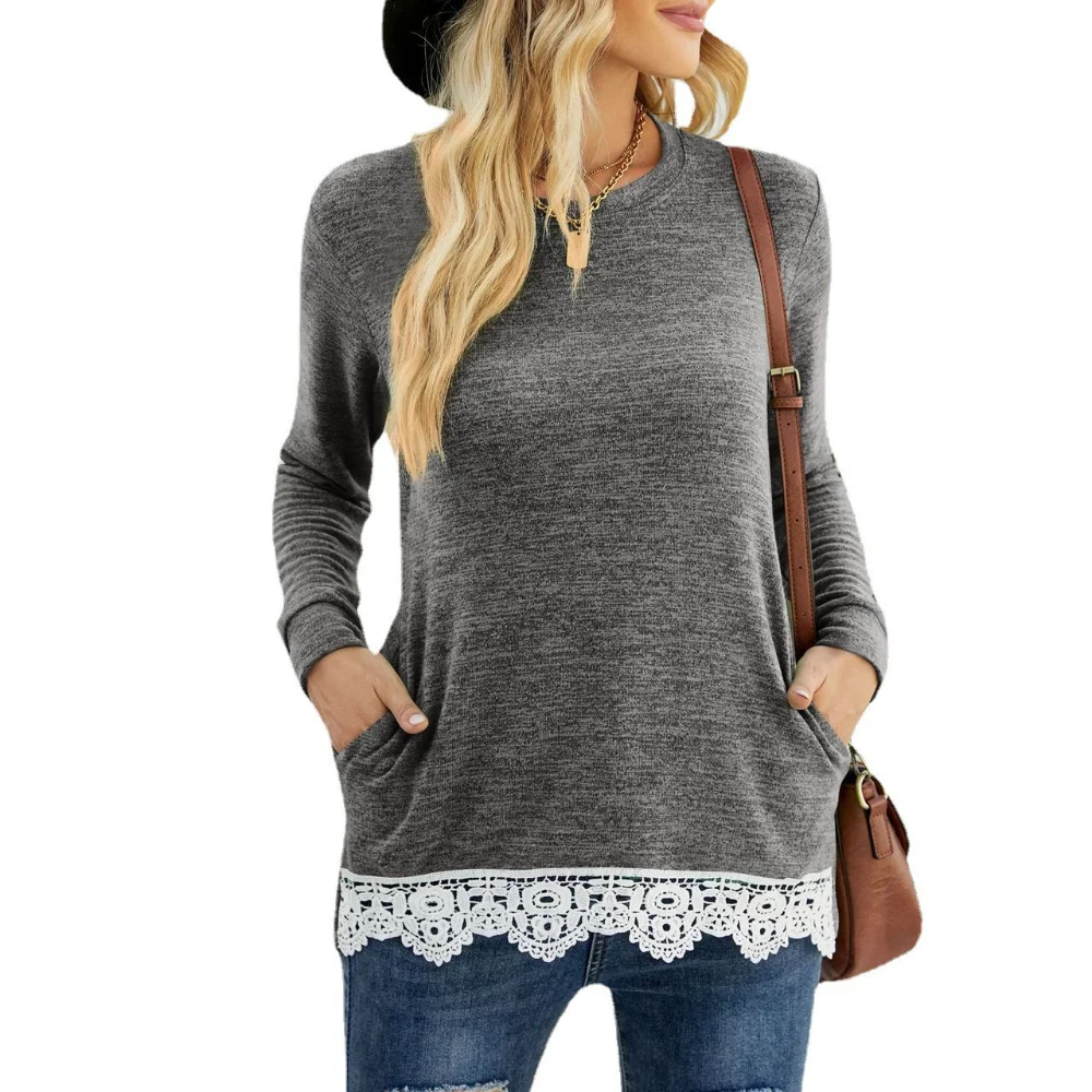 

Summer New Women's Round Neck Loose Casual Pullover Pocket T-shirt with Lace Patchwork Commuter Women's Top