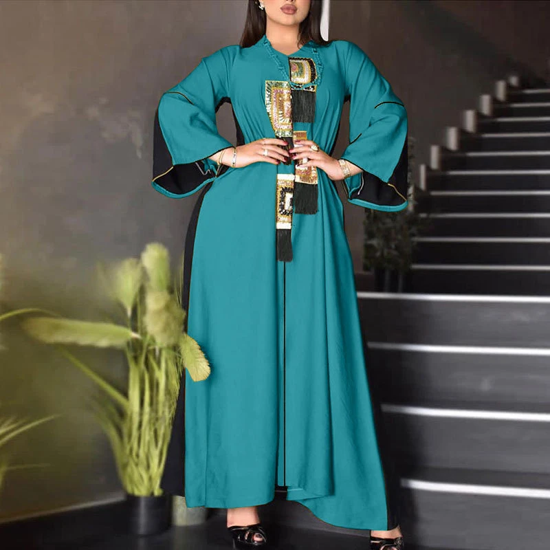 

Summer Arab Muslim Abaya Women Dress Sequnis Tassel Eid Morocco Caftan Long Dress Party Night Modest Vestiidos Femme Turkey 2022