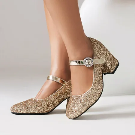 

Oversize Large size Big size High-heeled shoes Square toe thick heel shoes with shiny upper design and fashion