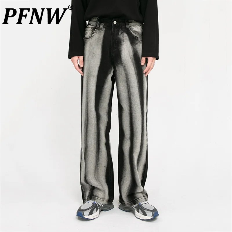 

PFNW Spring Autumn New Men's Jeans Korean High Street Stripe Tie Dyed Design Fashion Wide Leg Straight Denim Trousers 28A0511