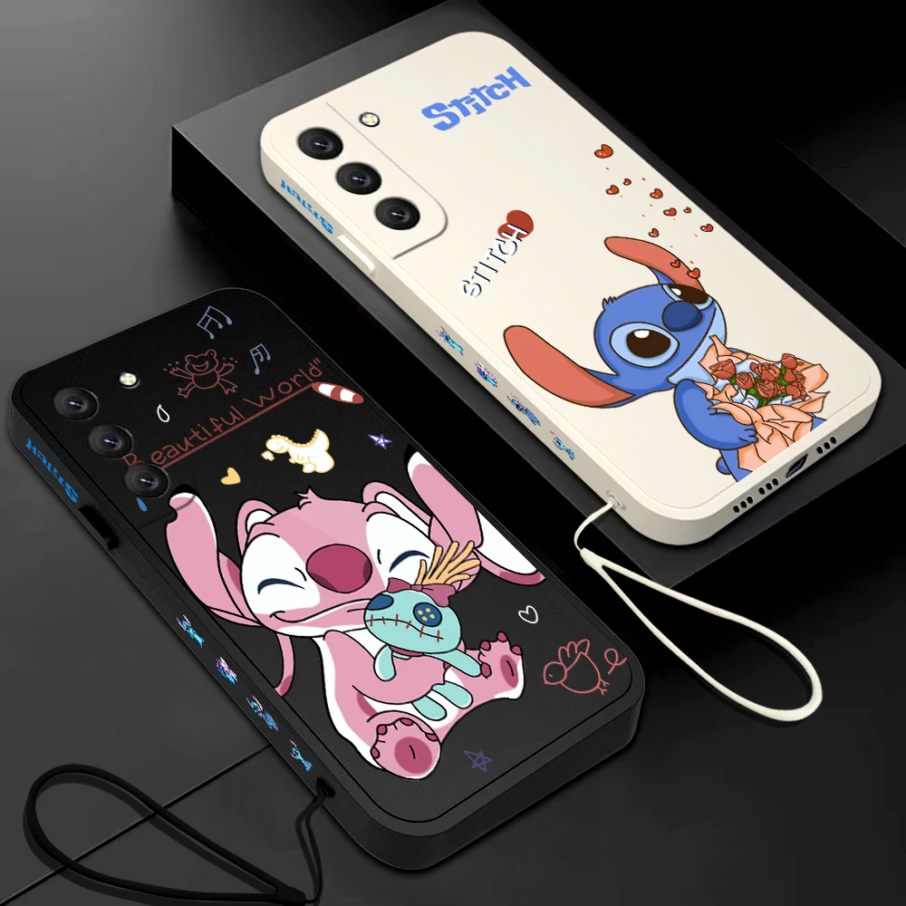

Disney Stitch Couple Love Cute Phone Case For Samsung Galaxy S23 S22 S21 S20 Ultra FE S10 4G S9 Note 20 10 9 Plus With Lanyard