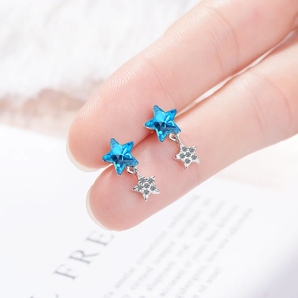 

Stud Earrings Female Blue Inlaid Pentagram Stud Earrings Korean Version Colored Diamonds Cute Mini Star Earrings