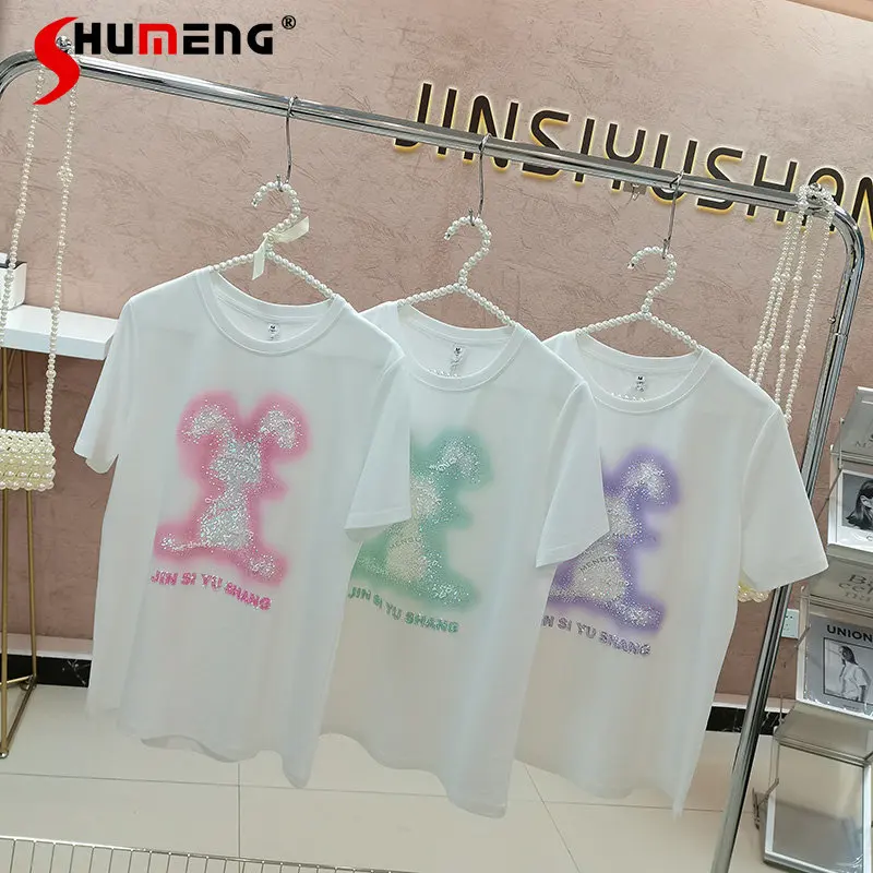 

European New 2023 Summer Fashion Sweet Colorful Rabbit Rhinestone Short Sleeve Top Tees Women's Elegant High-Grade Slim T-shirt
