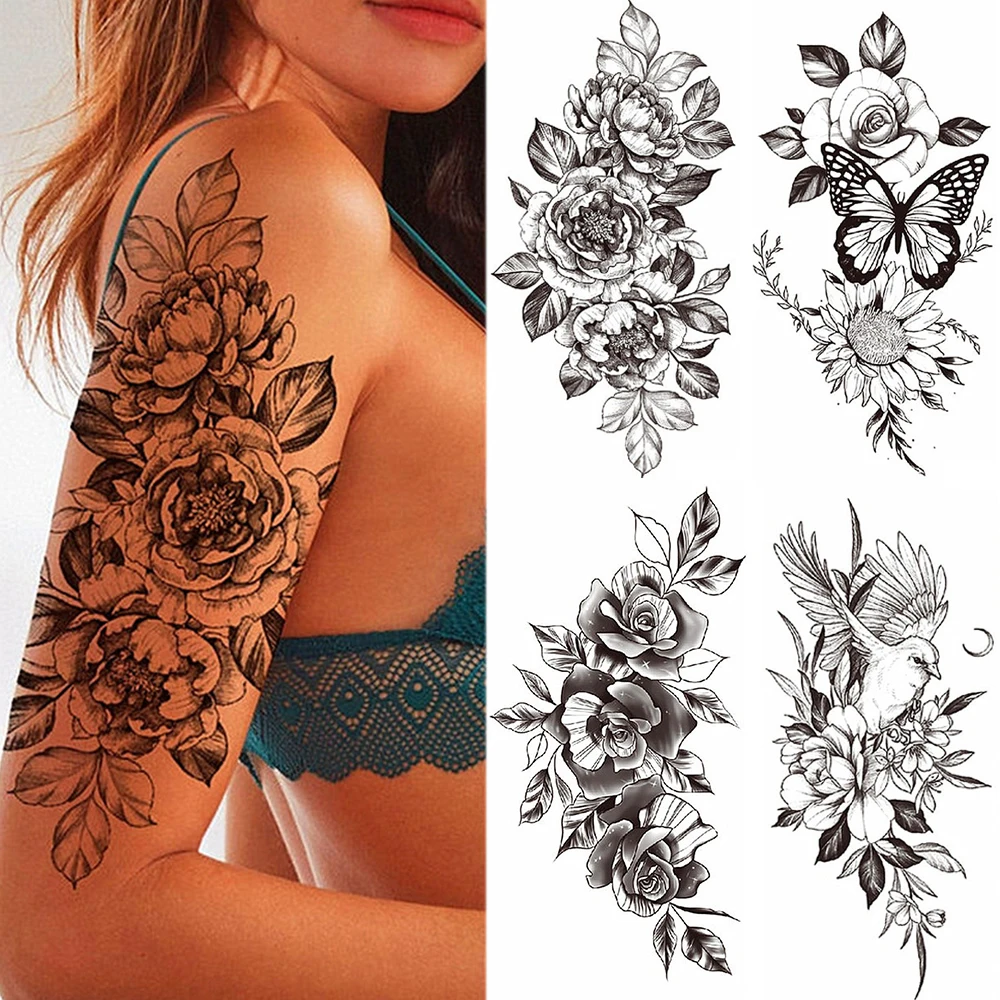 Фото Большая водонепроницаемая временная татуировка розы цветок Бабочка птица