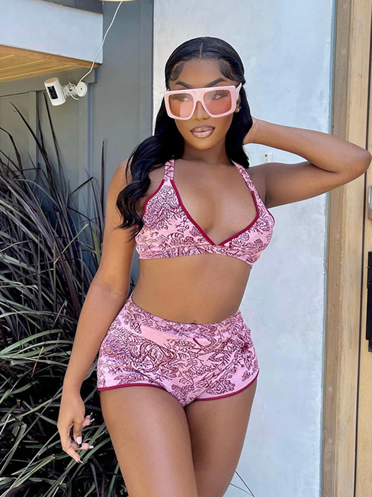 

Женский комплект из двух предметов Kalevest Y2K, Розовый волшебный топ на тонких бретелях с цветочным принтом, короткая уличная одежда